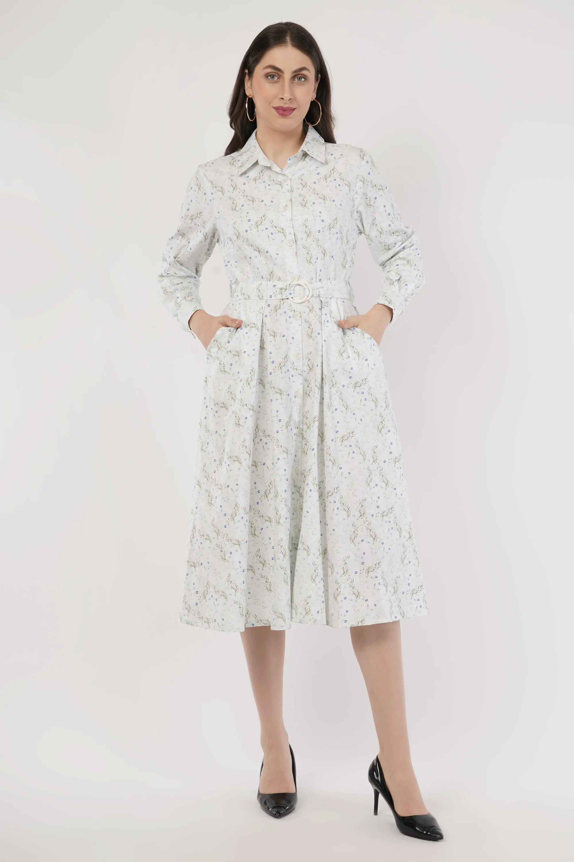 Pearl Blue Floral Cotton Midi Dress with Belt & Long Sleeves
