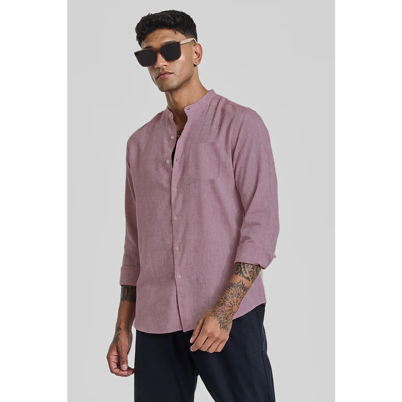 Pink Textured Mandarin Pocket Slim Shirt