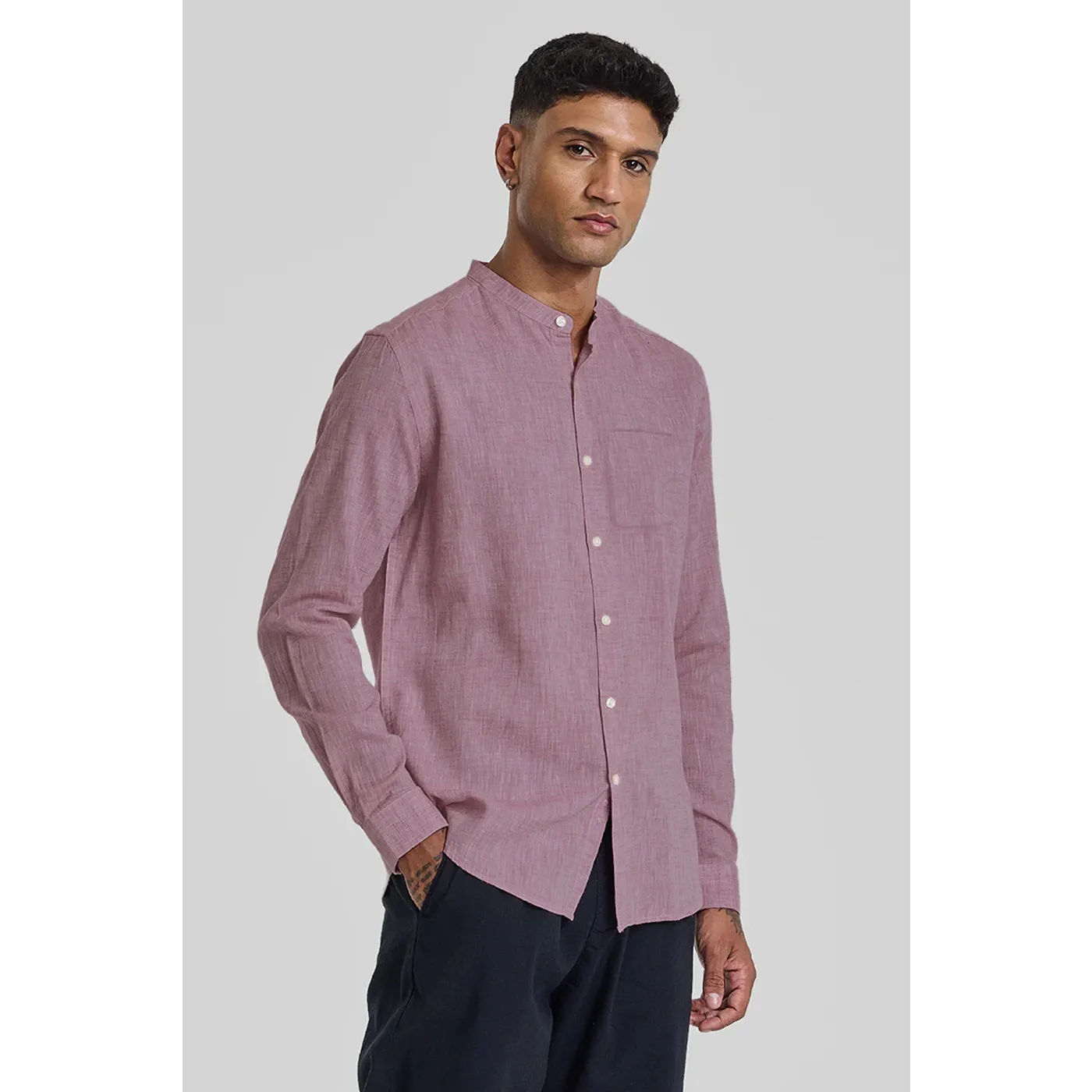 Pink Textured Mandarin Pocket Slim Shirt