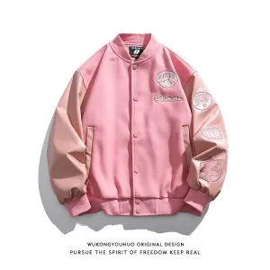 Pink trendy PU leather stitching embroidery baseball jacket unisex loose fit