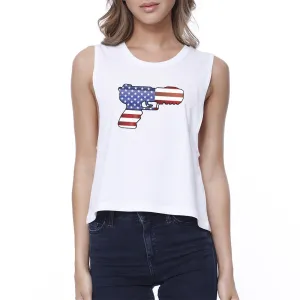 Pistol Shaped American Flag Unique Independence Day Womens Crop Tee