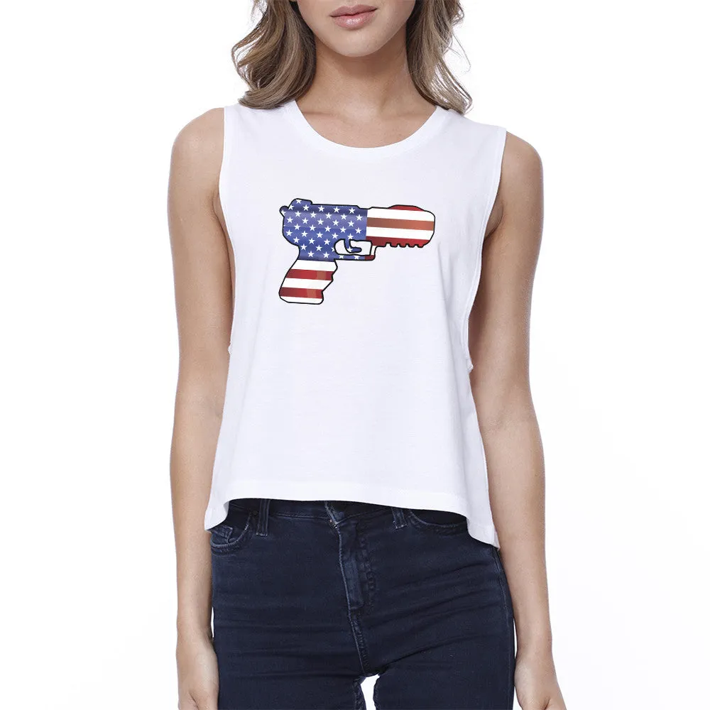 Pistol Shaped American Flag Unique Independence Day Womens Crop Tee