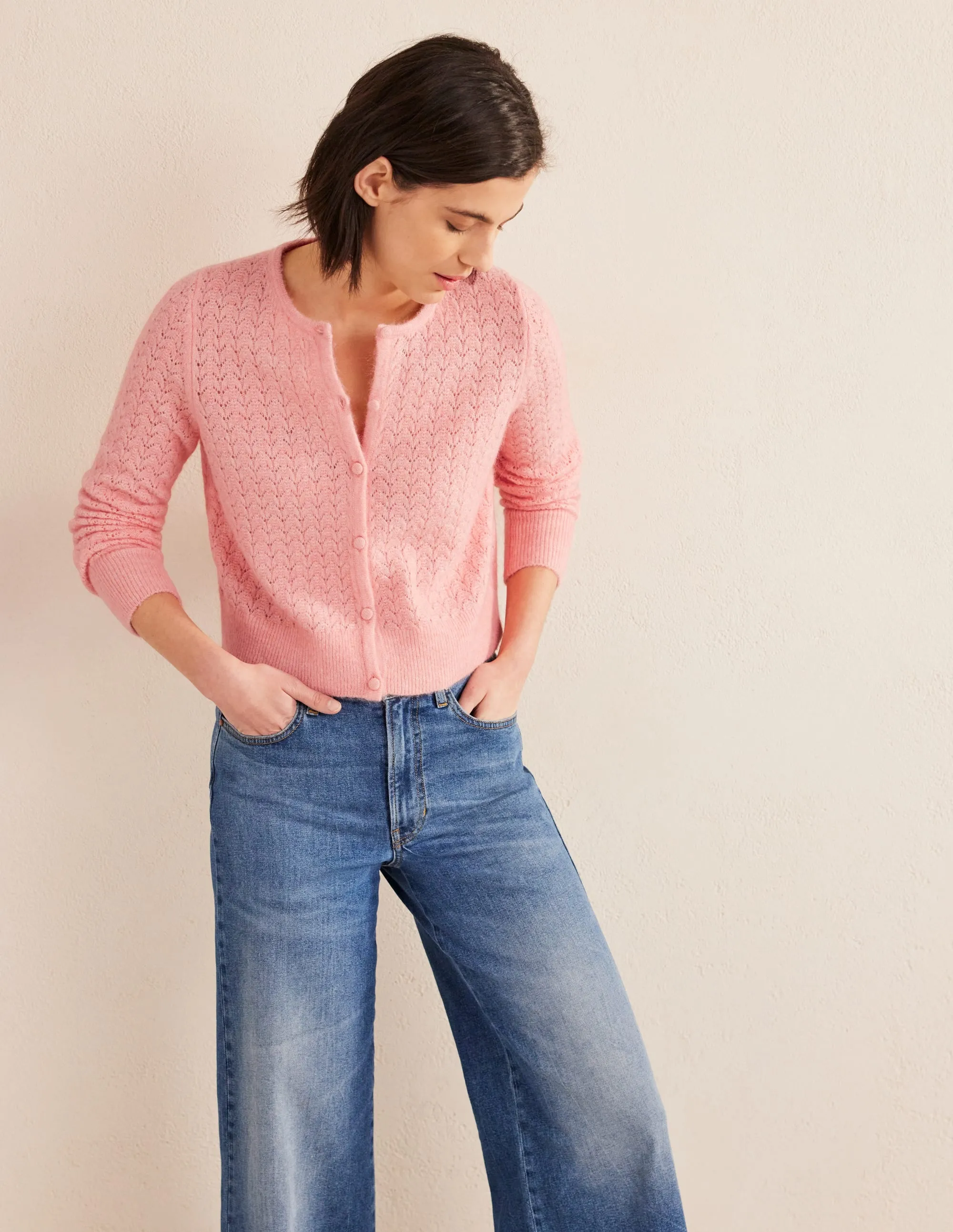 Pointelle Long-Sleeve Cardigan-Dahlia Pink