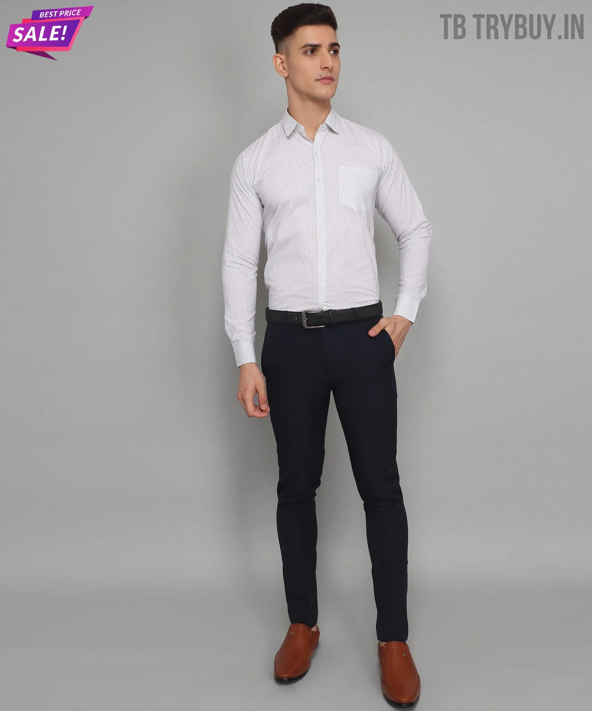 Polka Dot Print Cotton White Men's Shirt