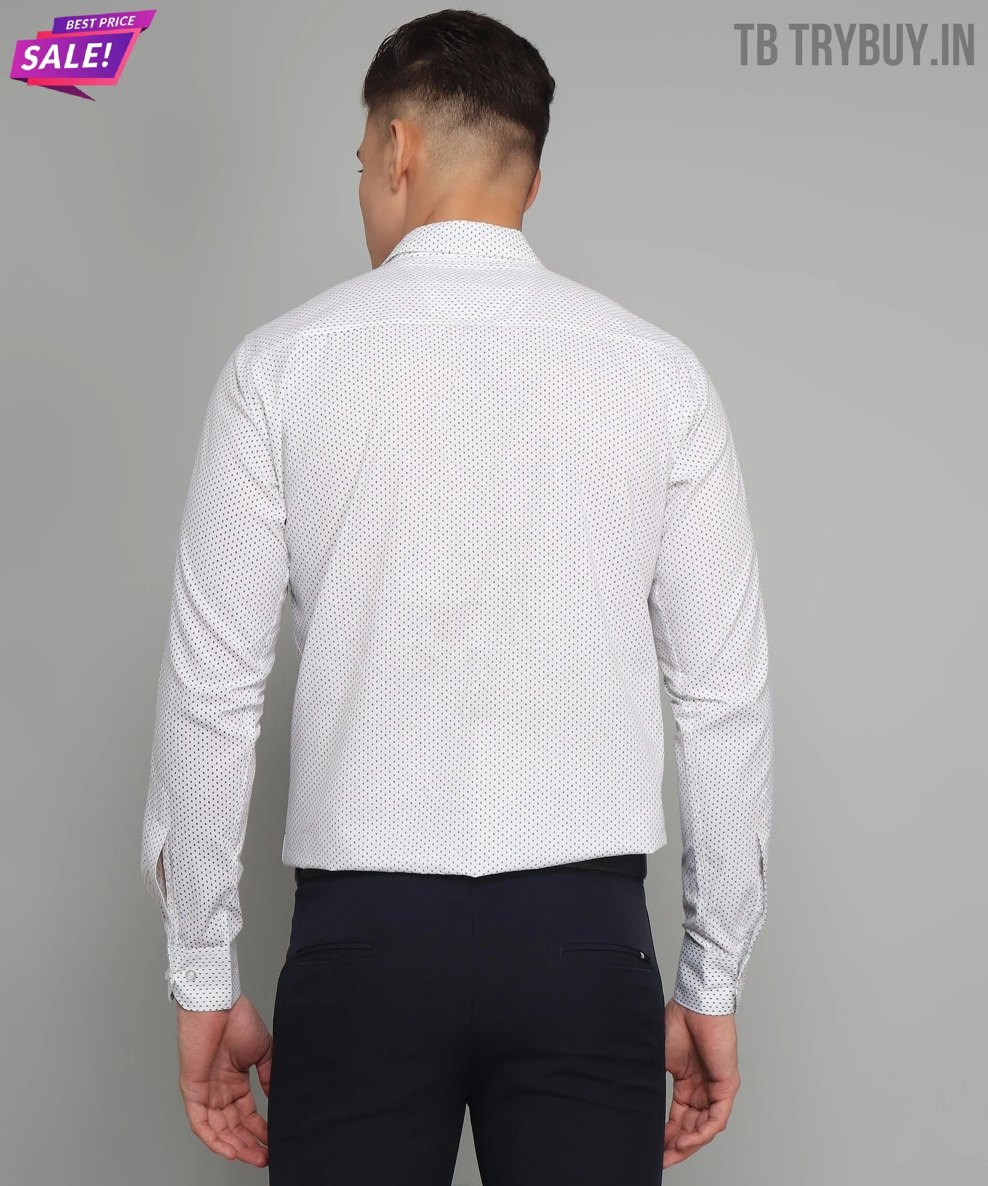 Polka Dot Print Cotton White Men's Shirt