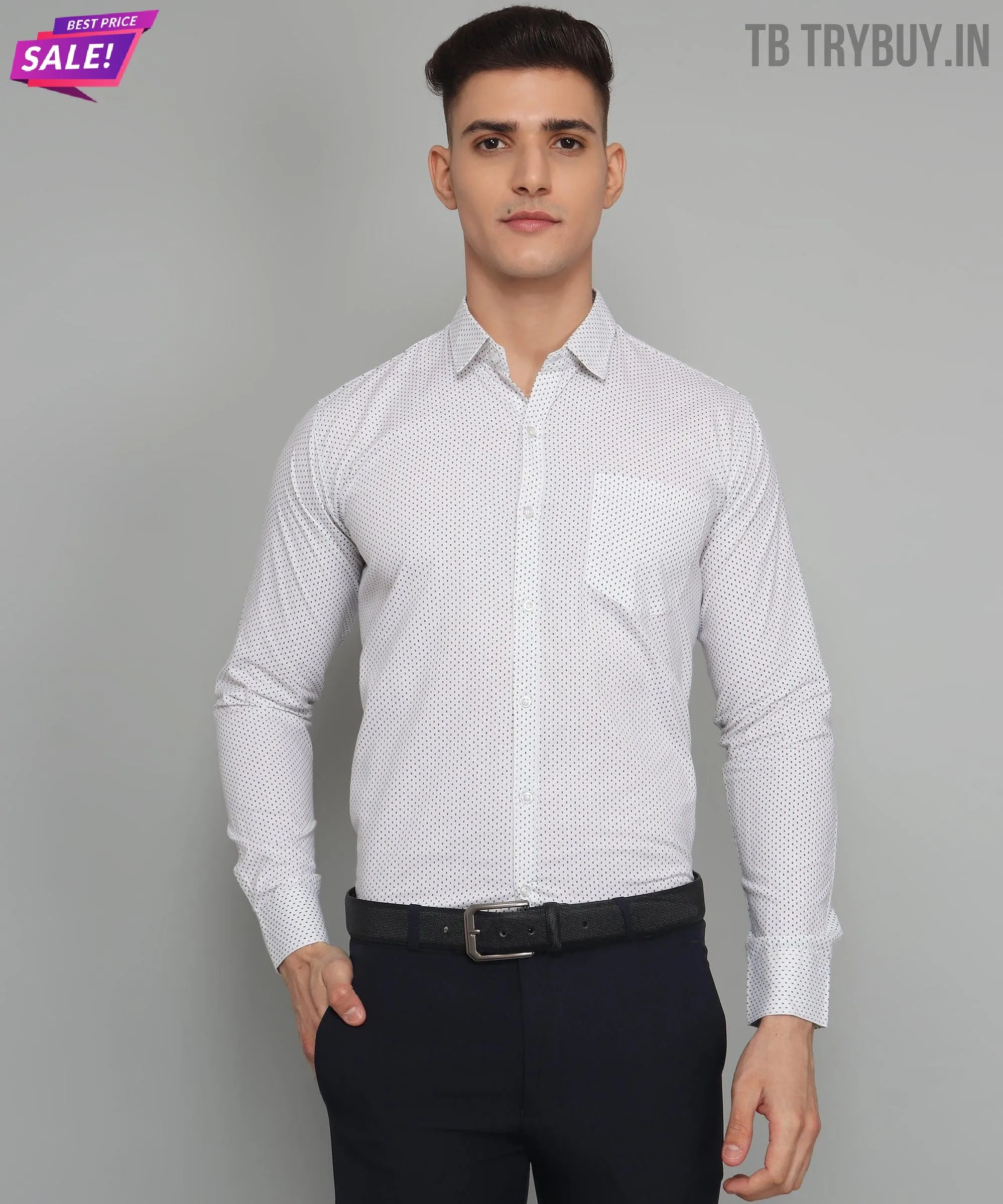 Polka Dot Print Cotton White Men's Shirt