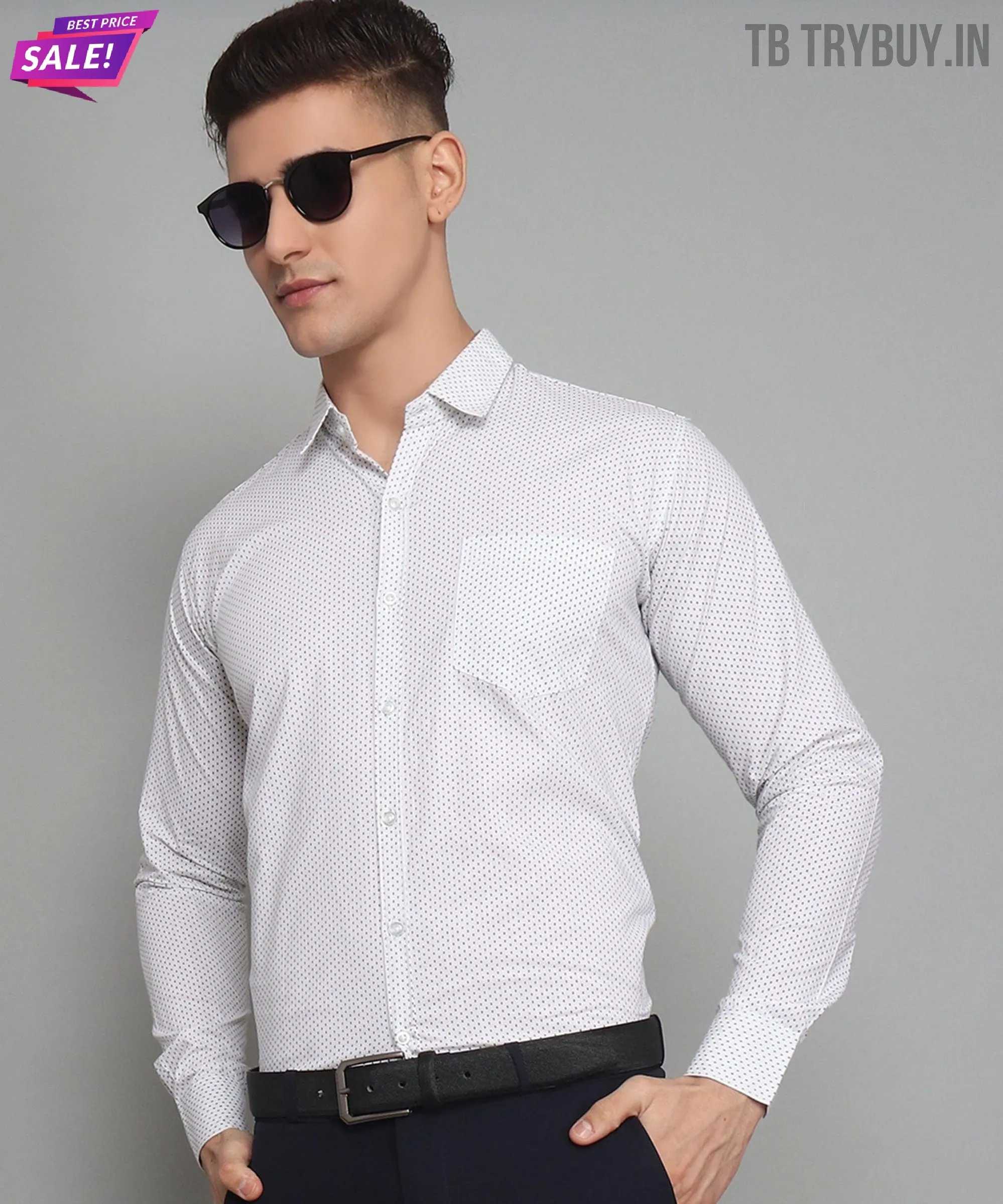 Polka Dot Print Cotton White Men's Shirt