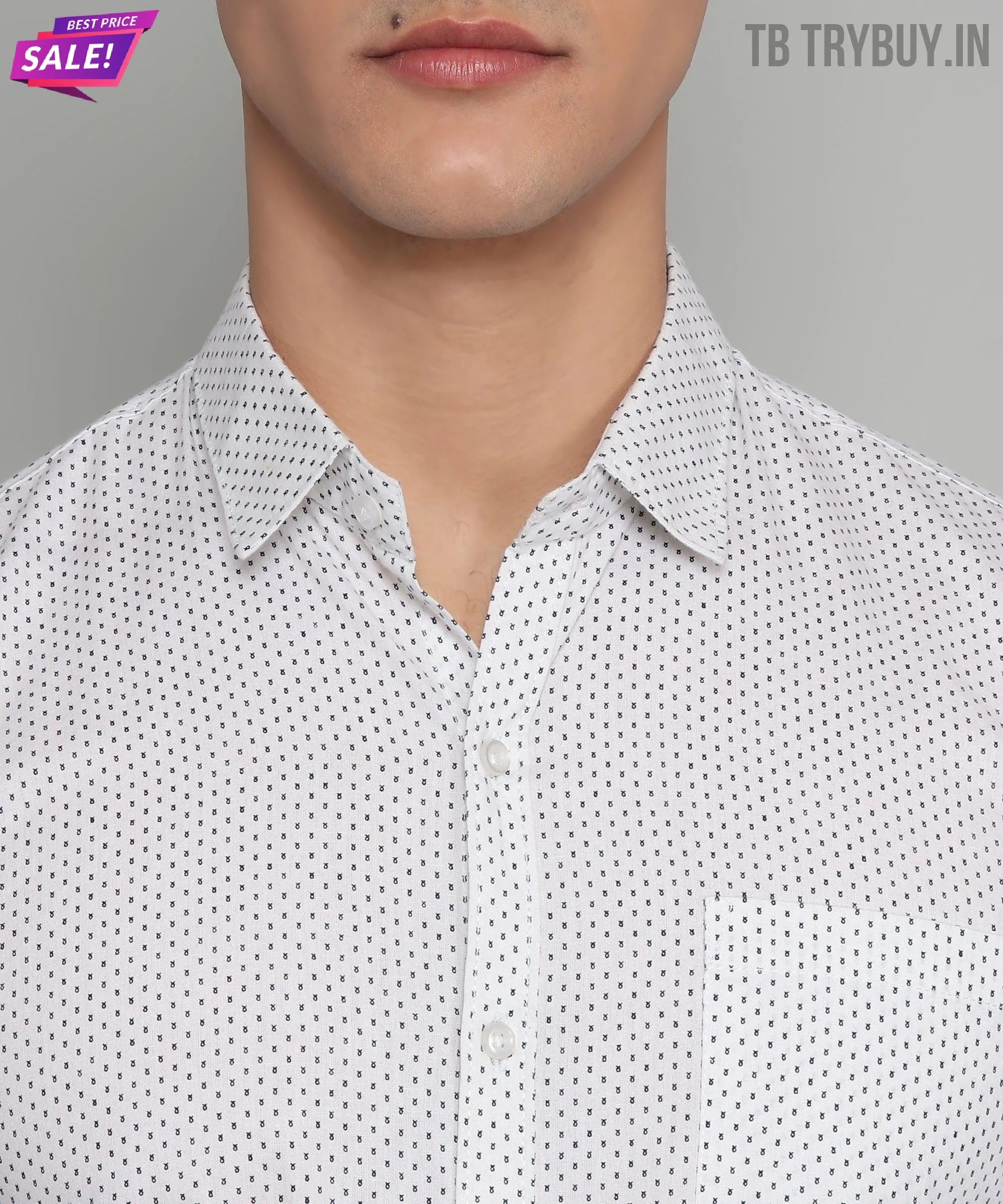 Polka Dot Print Cotton White Men's Shirt