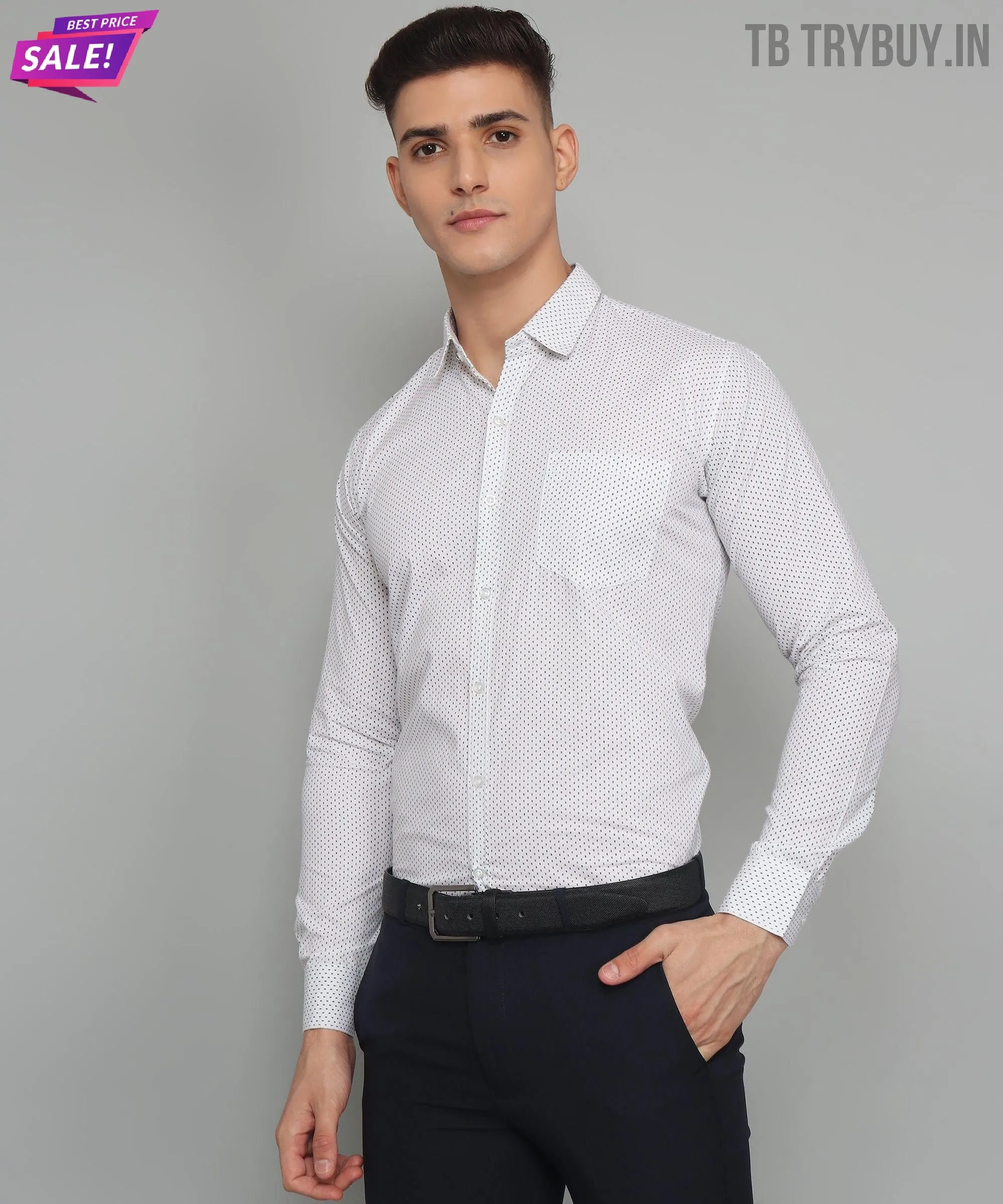 Polka Dot Print Cotton White Men's Shirt