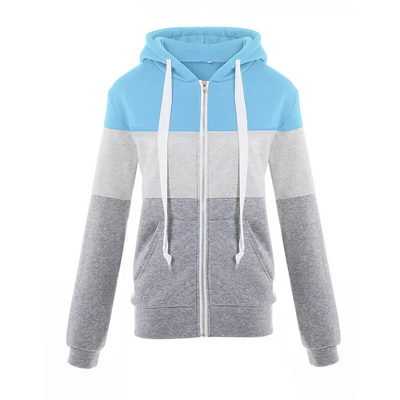 Pullover Drawstring Colorblock Zipper Hoodie