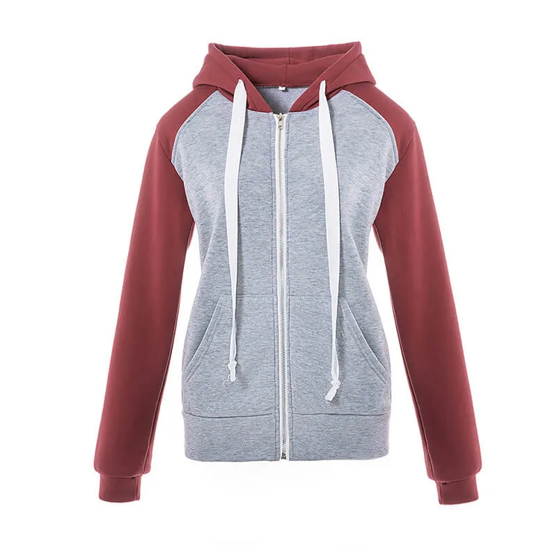 Pullover Drawstring Colorblock Zipper Hoodie