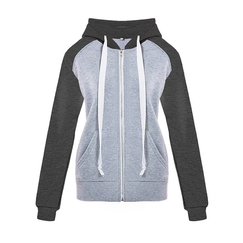 Pullover Drawstring Colorblock Zipper Hoodie