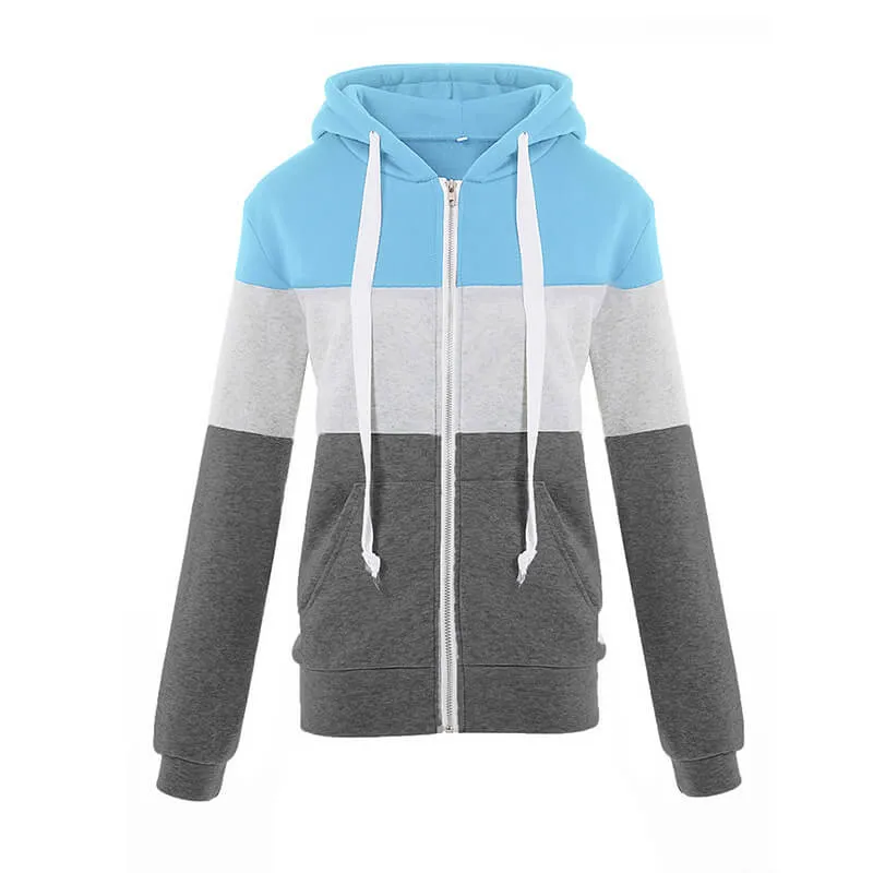 Pullover Drawstring Colorblock Zipper Hoodie