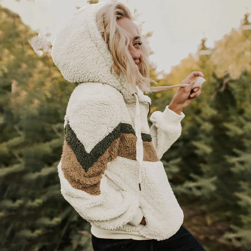 Pullover Drawstring Furry Patchwork Hoodie