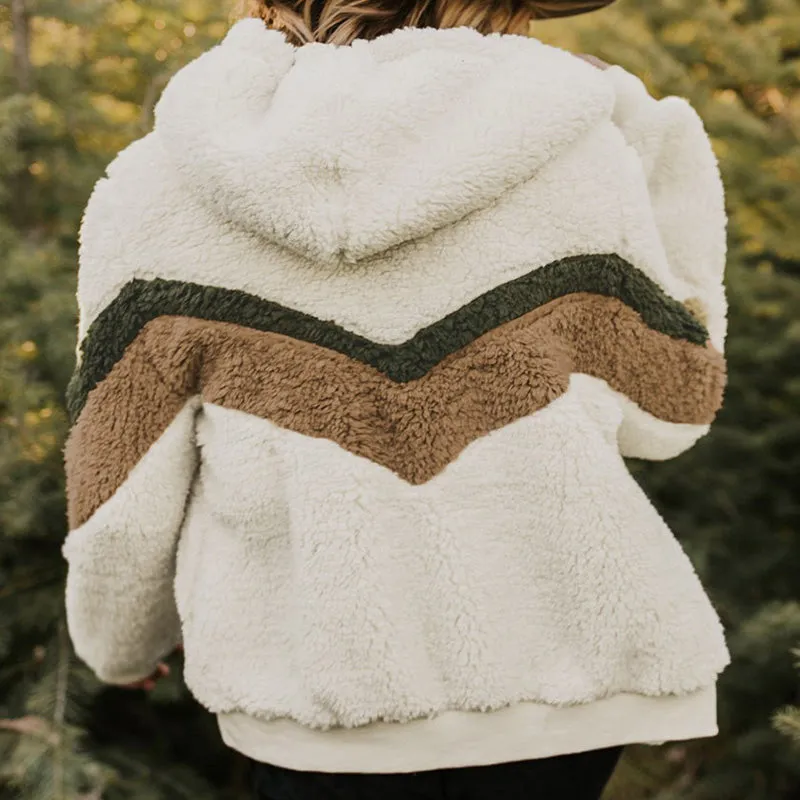 Pullover Drawstring Furry Patchwork Hoodie