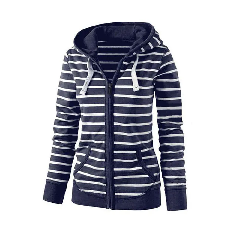 Pullover Drawstring Stripes Zipper Hoodie
