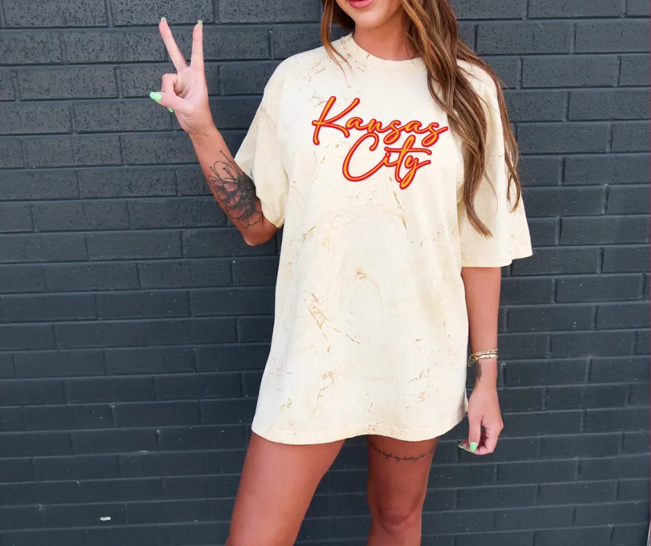 Red Gold Kansas City Script on Yellow Tie Dye Tee