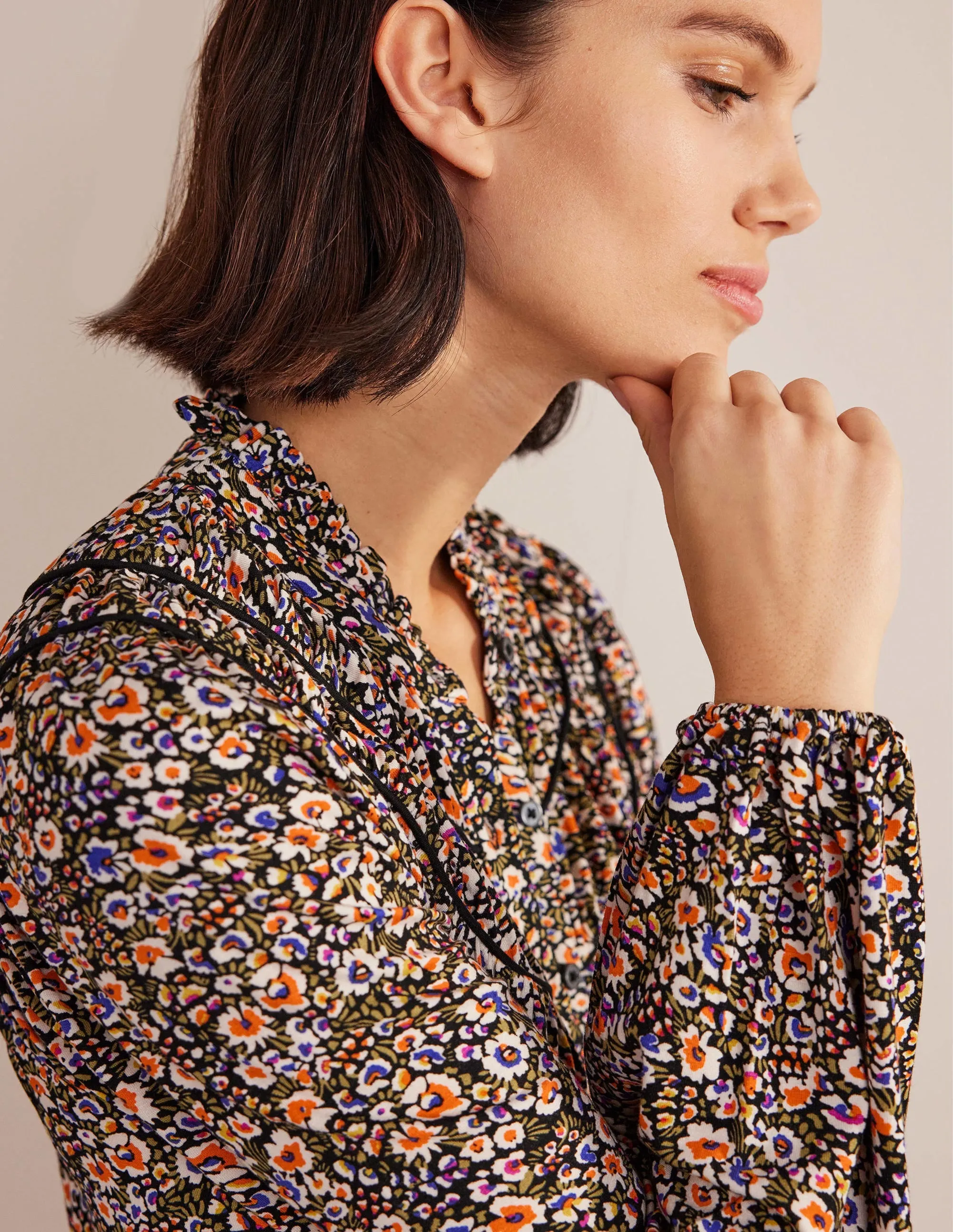 Ruched Yoke Jersey Shirt-Multi, Eden Bloom