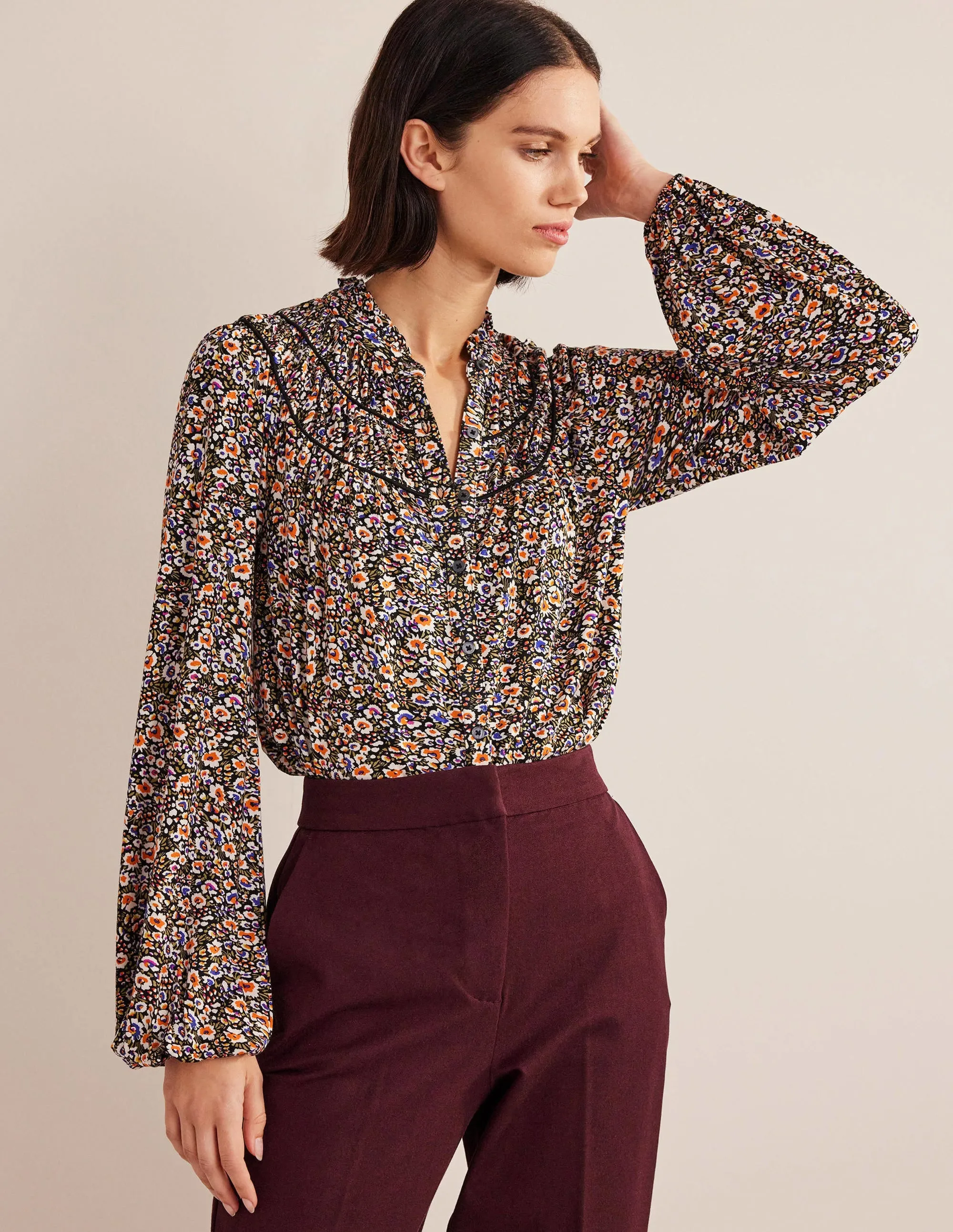 Ruched Yoke Jersey Shirt-Multi, Eden Bloom