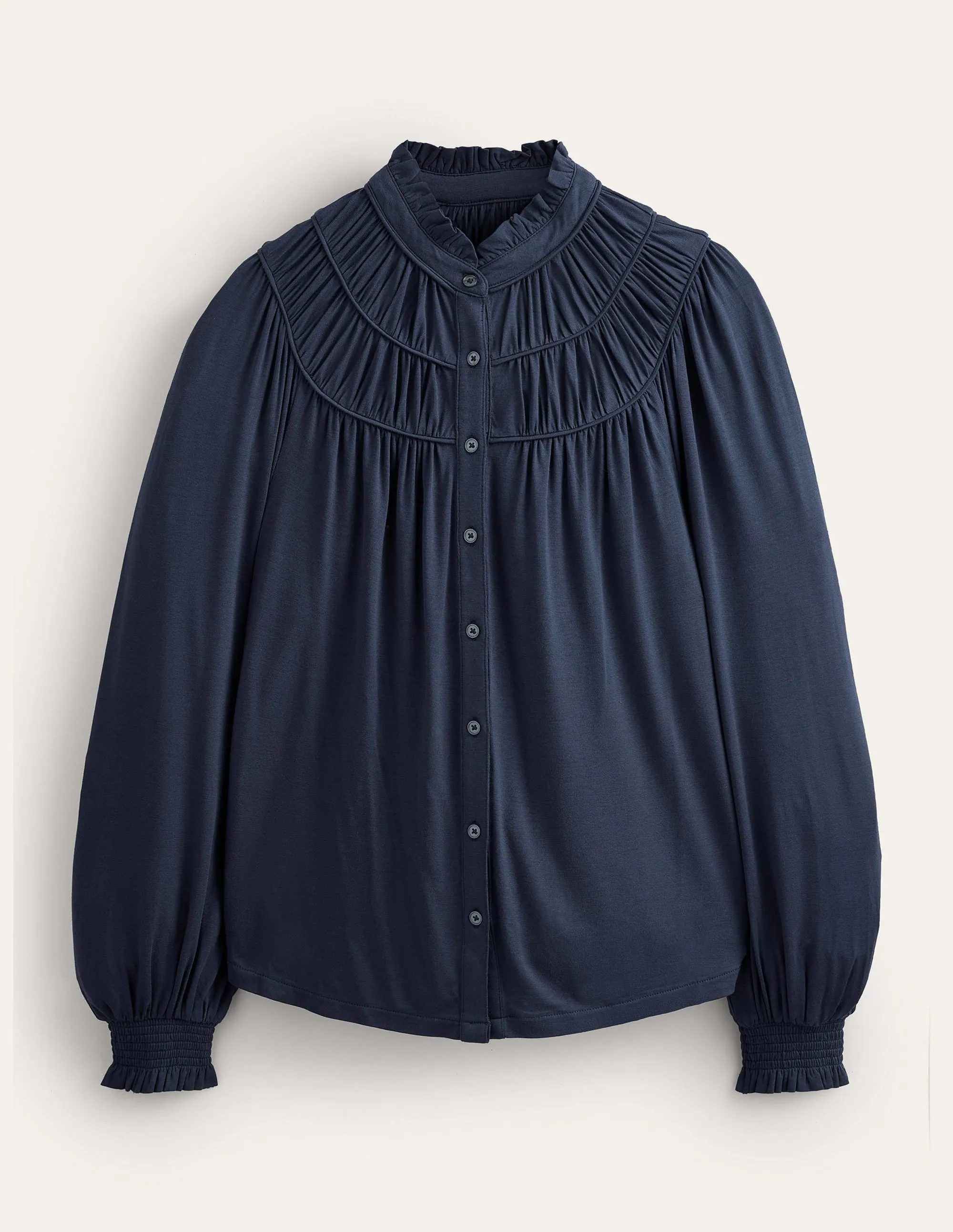 Ruched Yoke Jersey Shirt-Navy