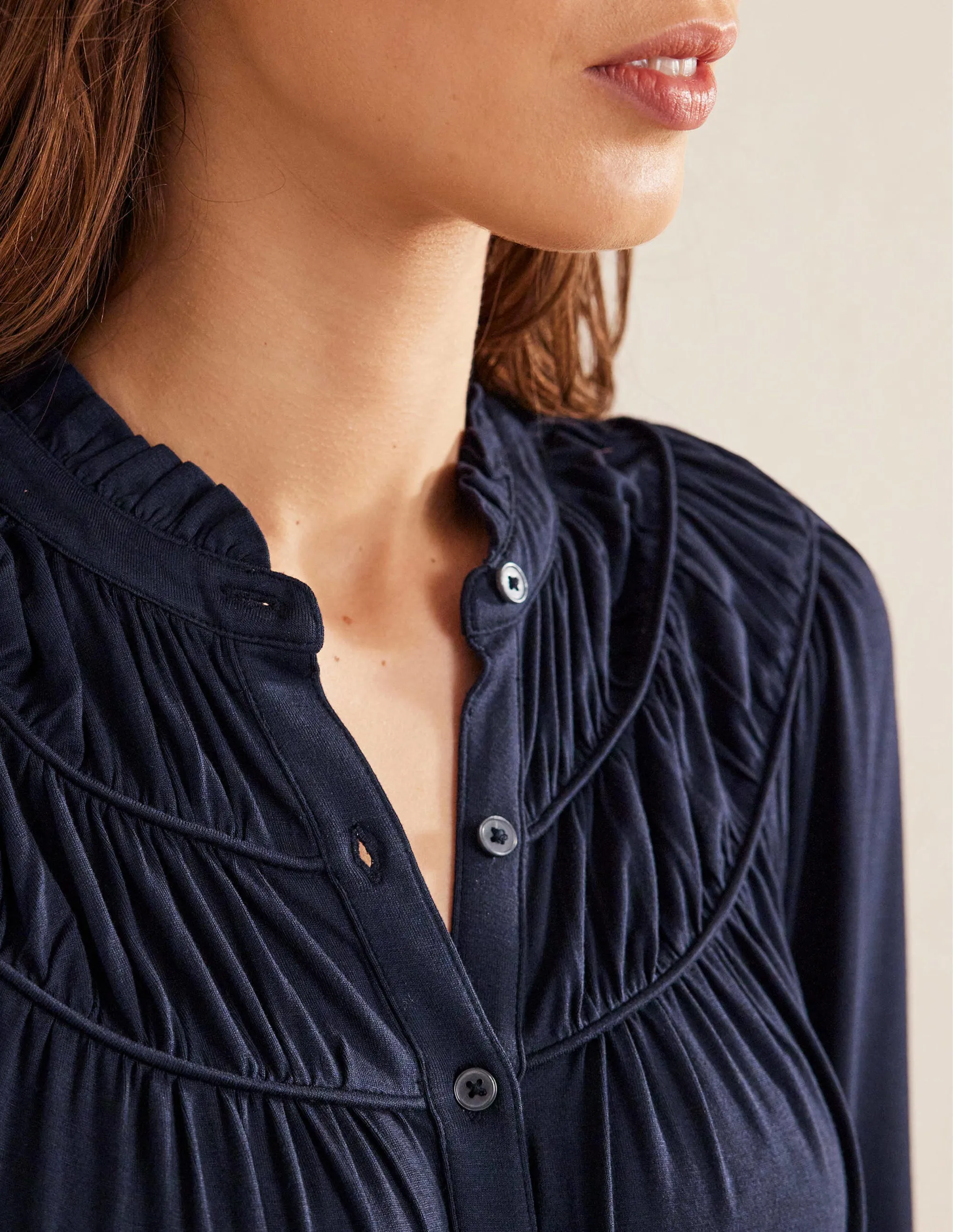 Ruched Yoke Jersey Shirt-Navy
