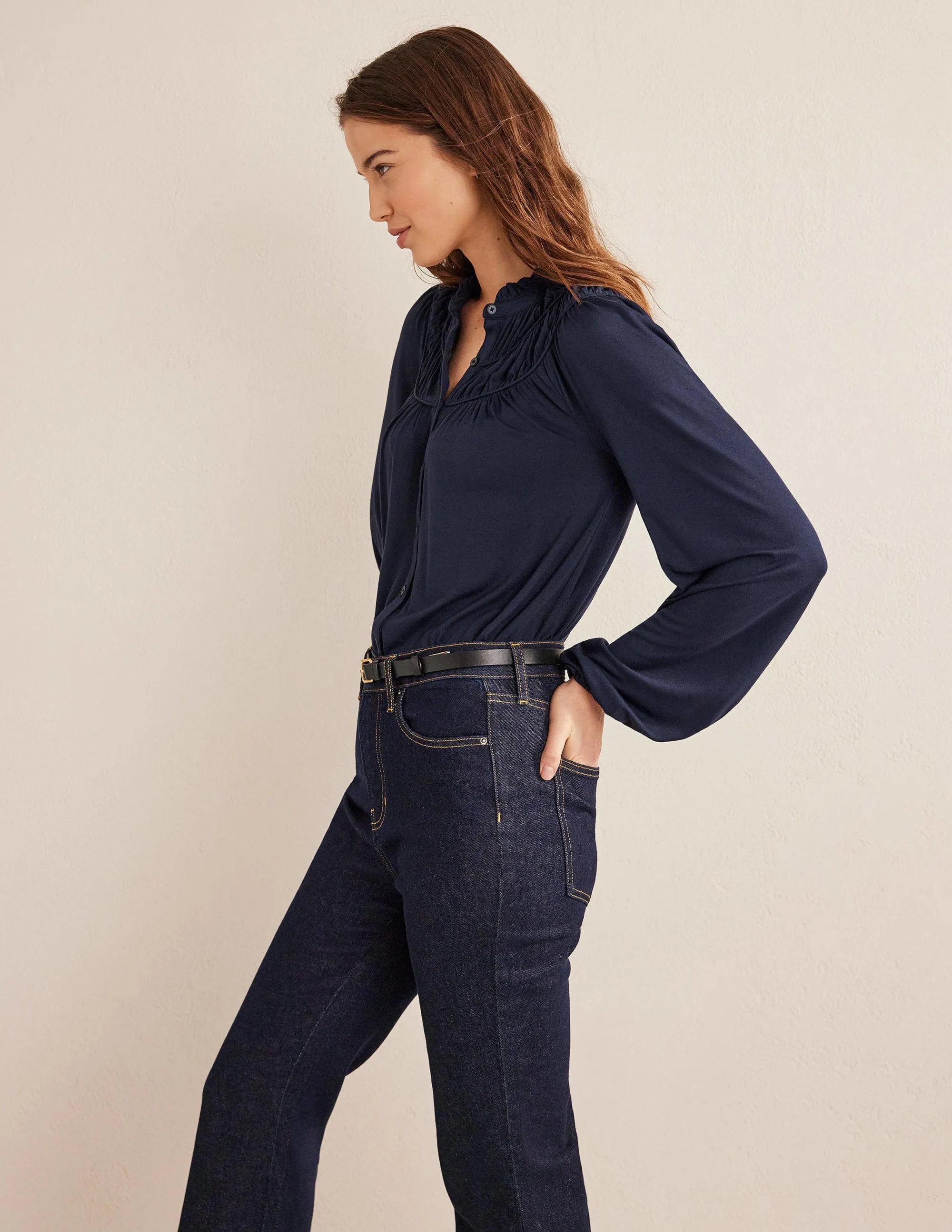 Ruched Yoke Jersey Shirt-Navy