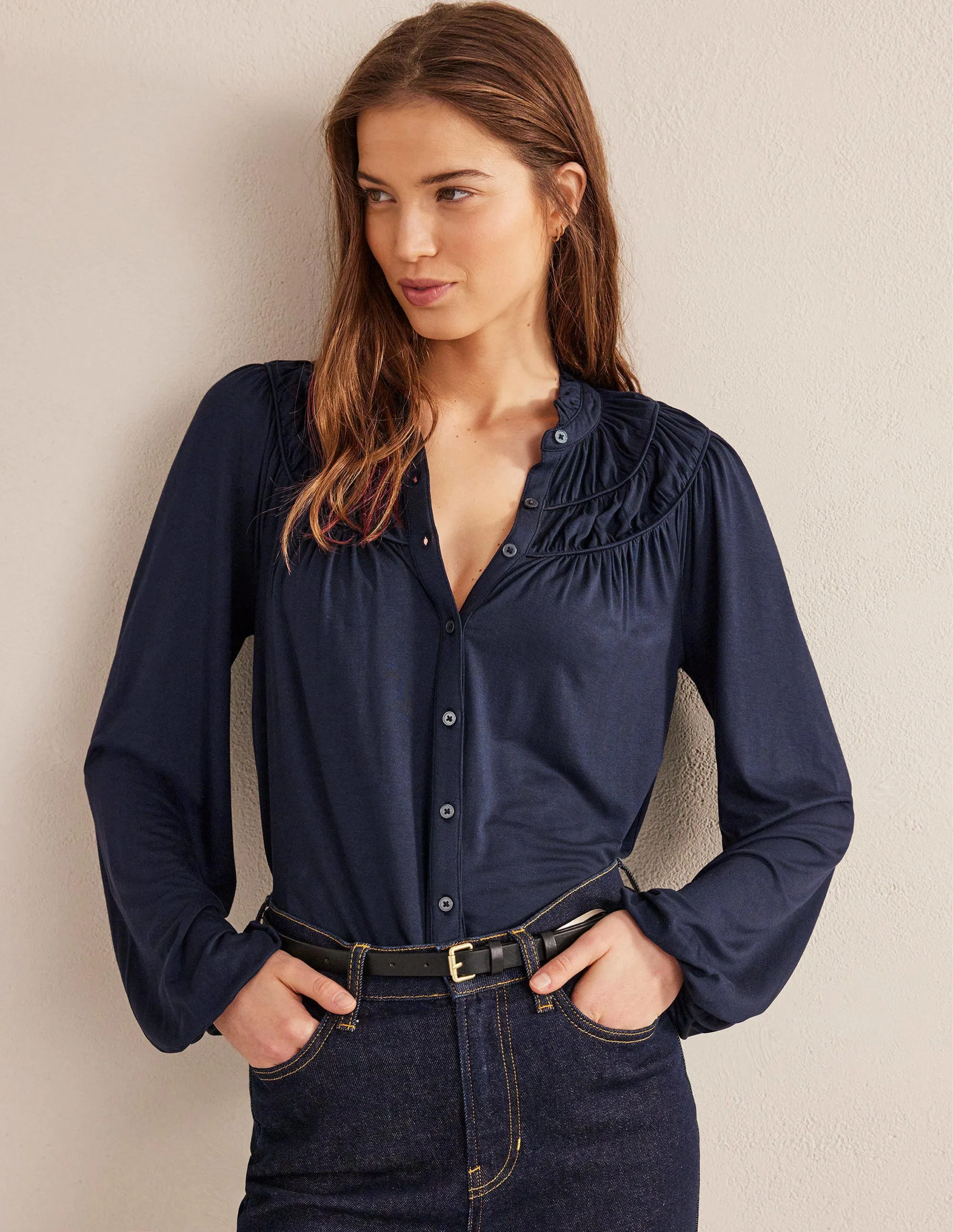 Ruched Yoke Jersey Shirt-Navy
