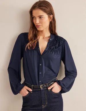 Ruched Yoke Jersey Shirt-Navy