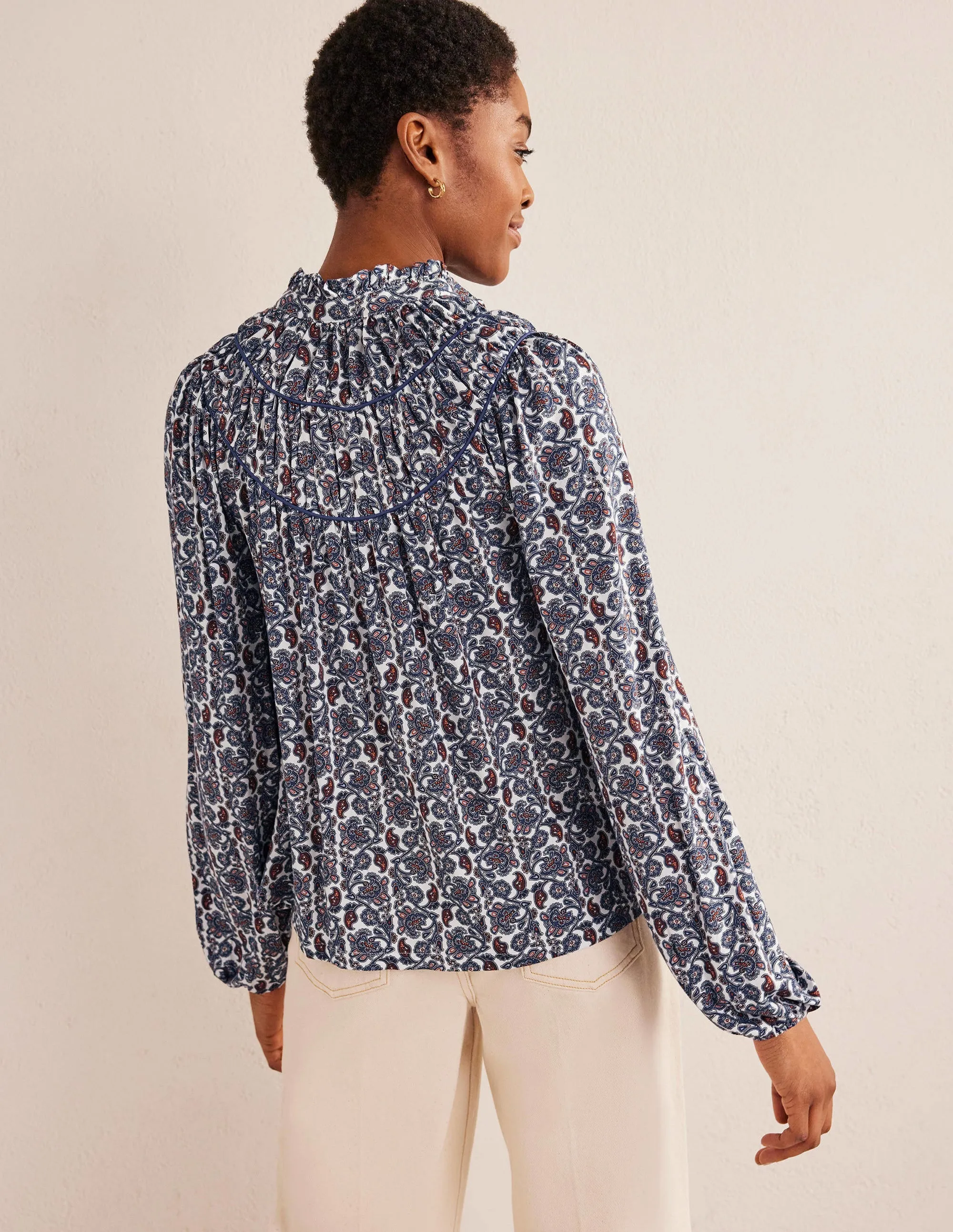 Ruched Yoke Jersey Shirt-Nightshadow, Block Paisley