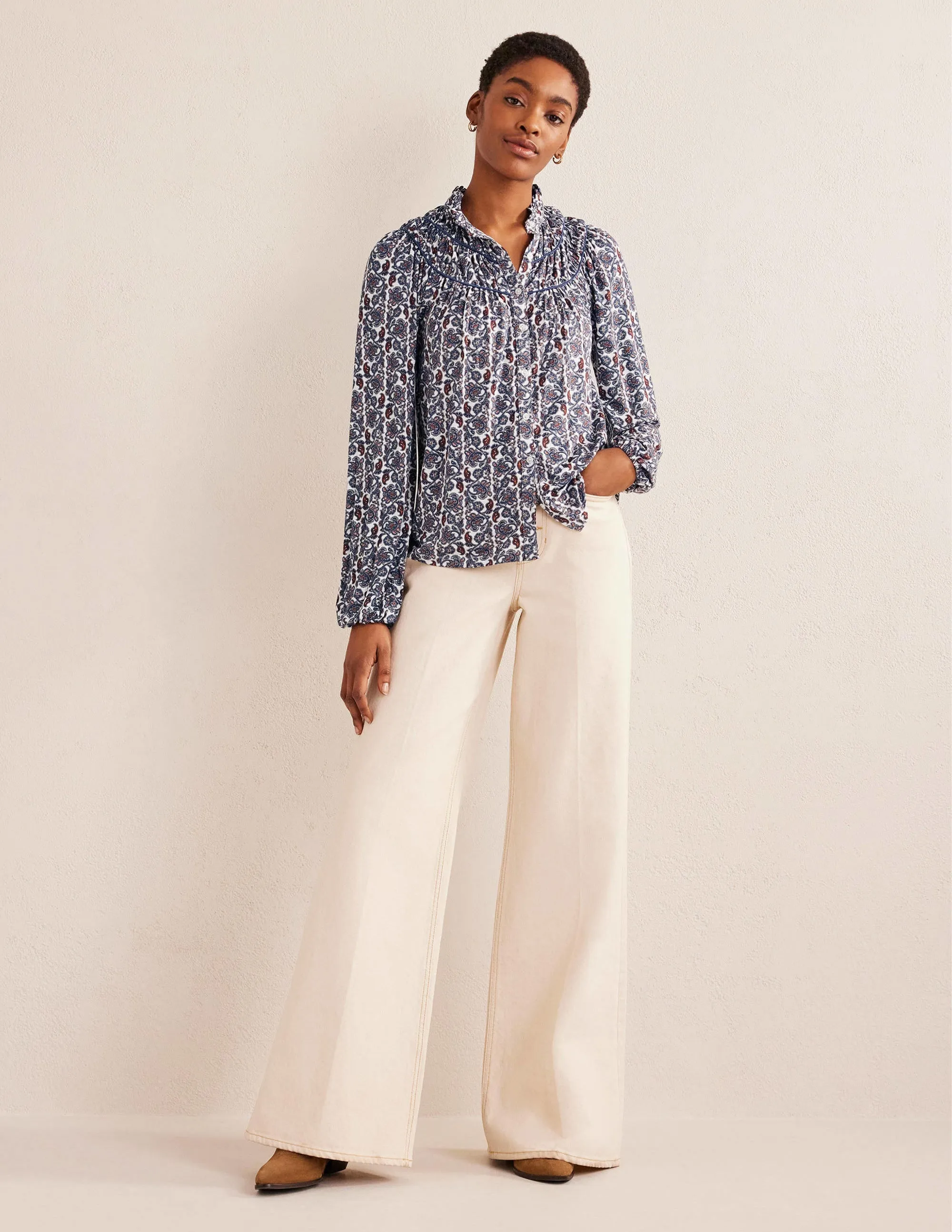 Ruched Yoke Jersey Shirt-Nightshadow, Block Paisley