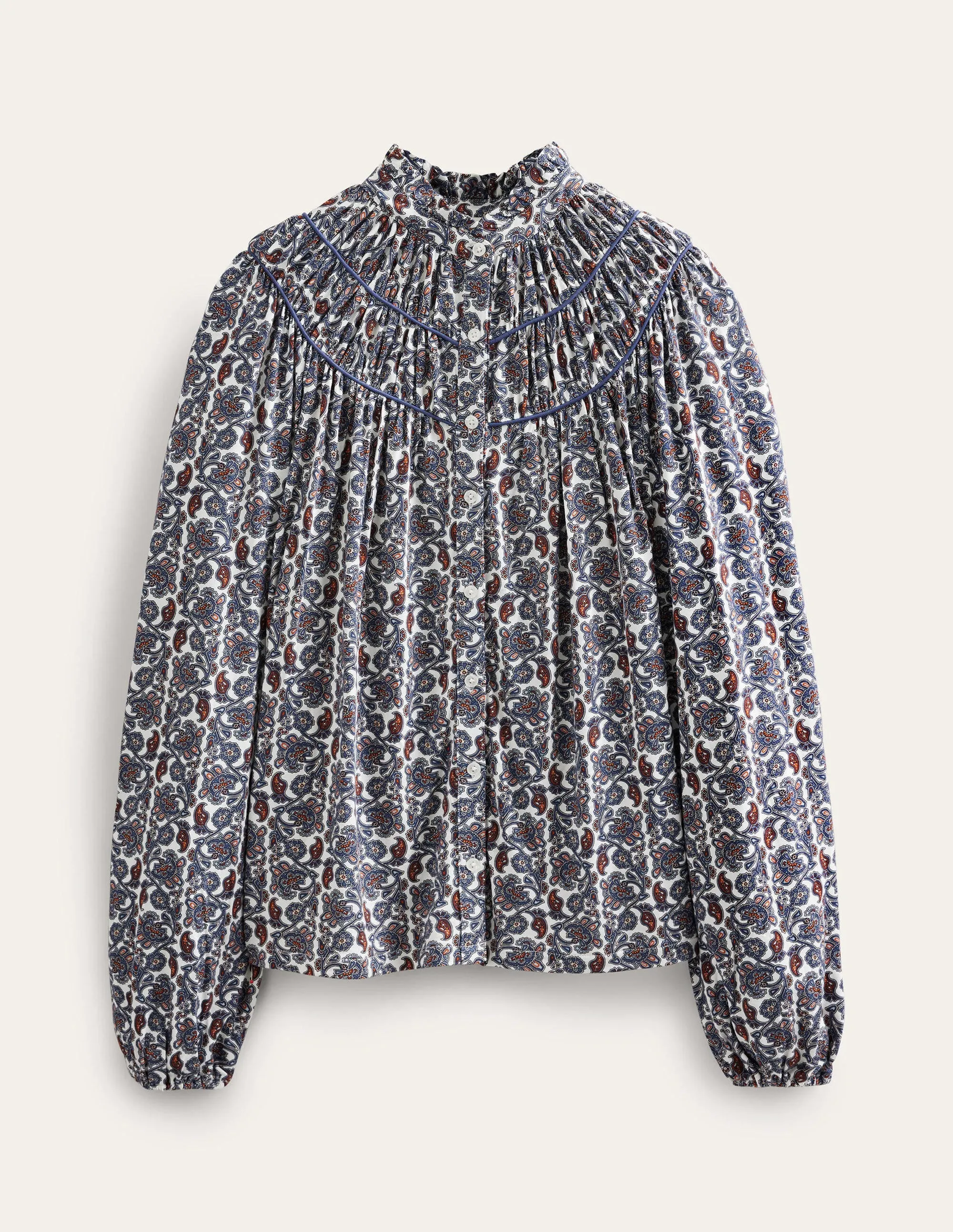 Ruched Yoke Jersey Shirt-Nightshadow, Block Paisley