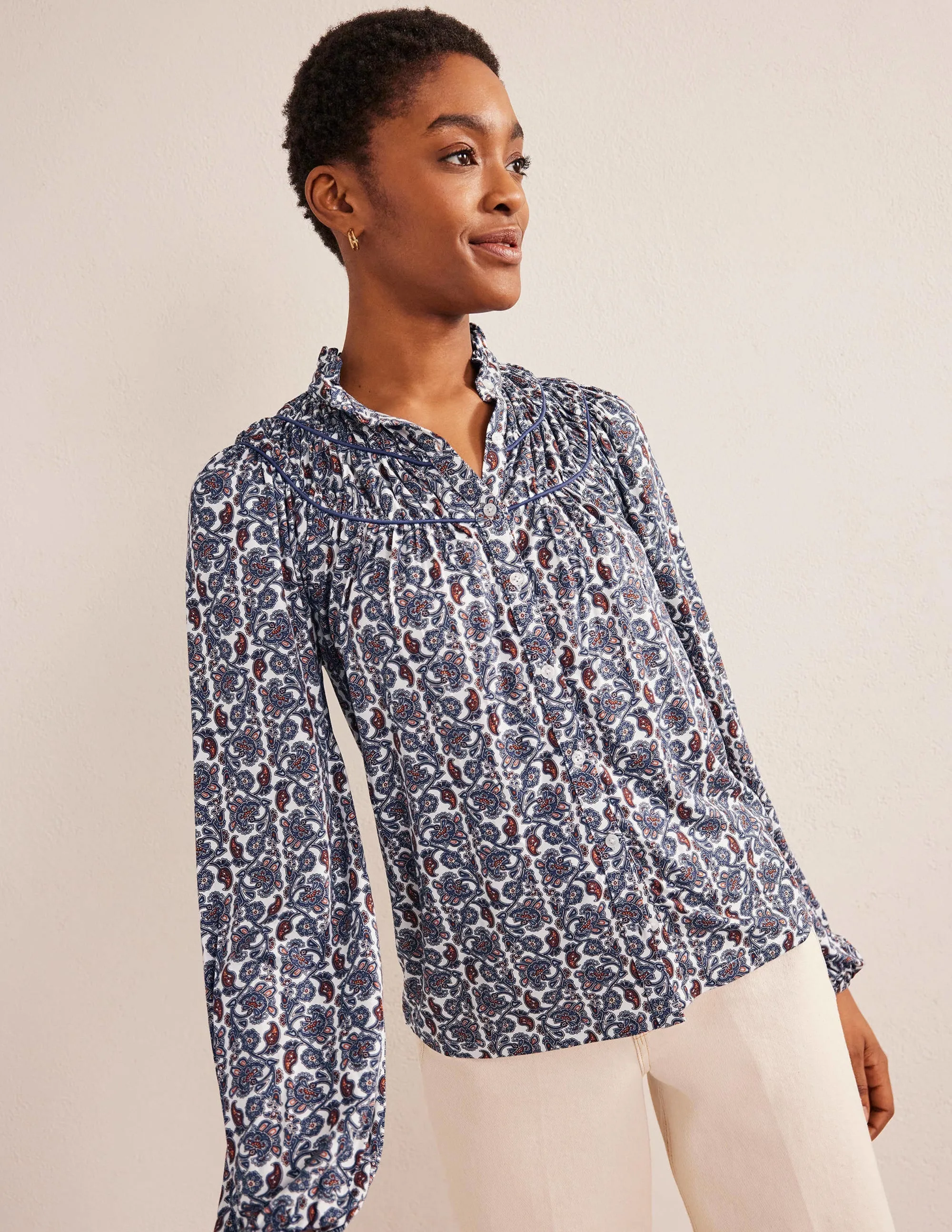 Ruched Yoke Jersey Shirt-Nightshadow, Block Paisley