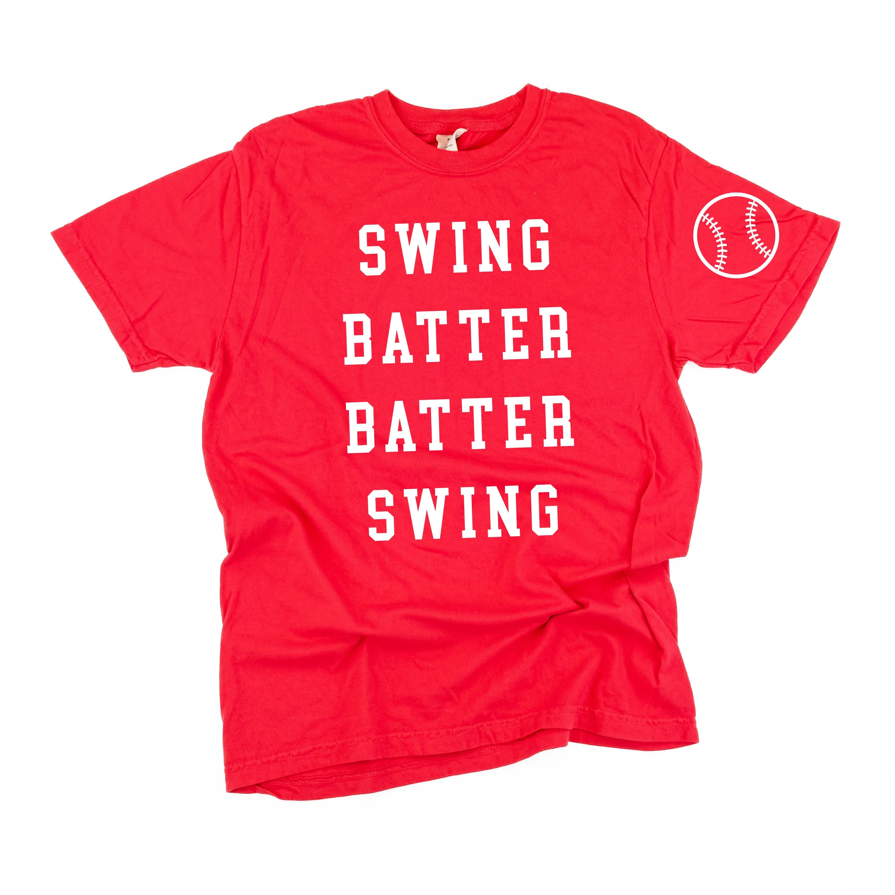 Swing Batter Batter Swing - Baseball Detail on Sleeve - SHORT SLEEVE COMFORT COLORS TEE