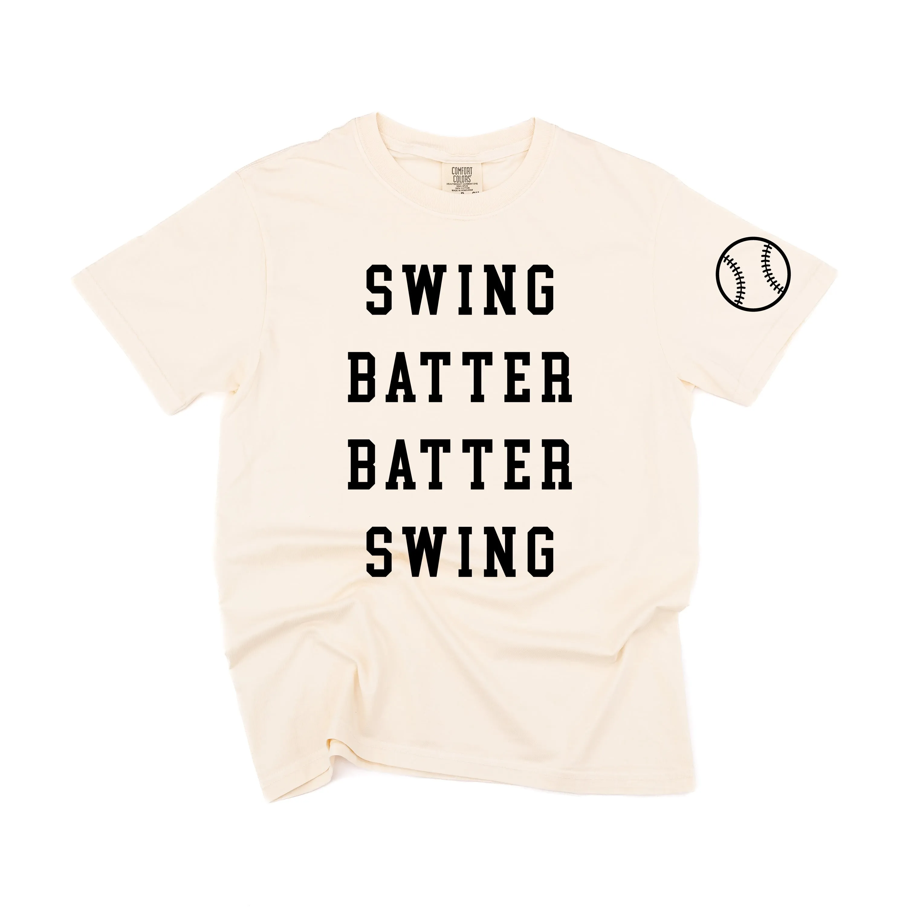Swing Batter Batter Swing - Baseball Detail on Sleeve - SHORT SLEEVE COMFORT COLORS TEE