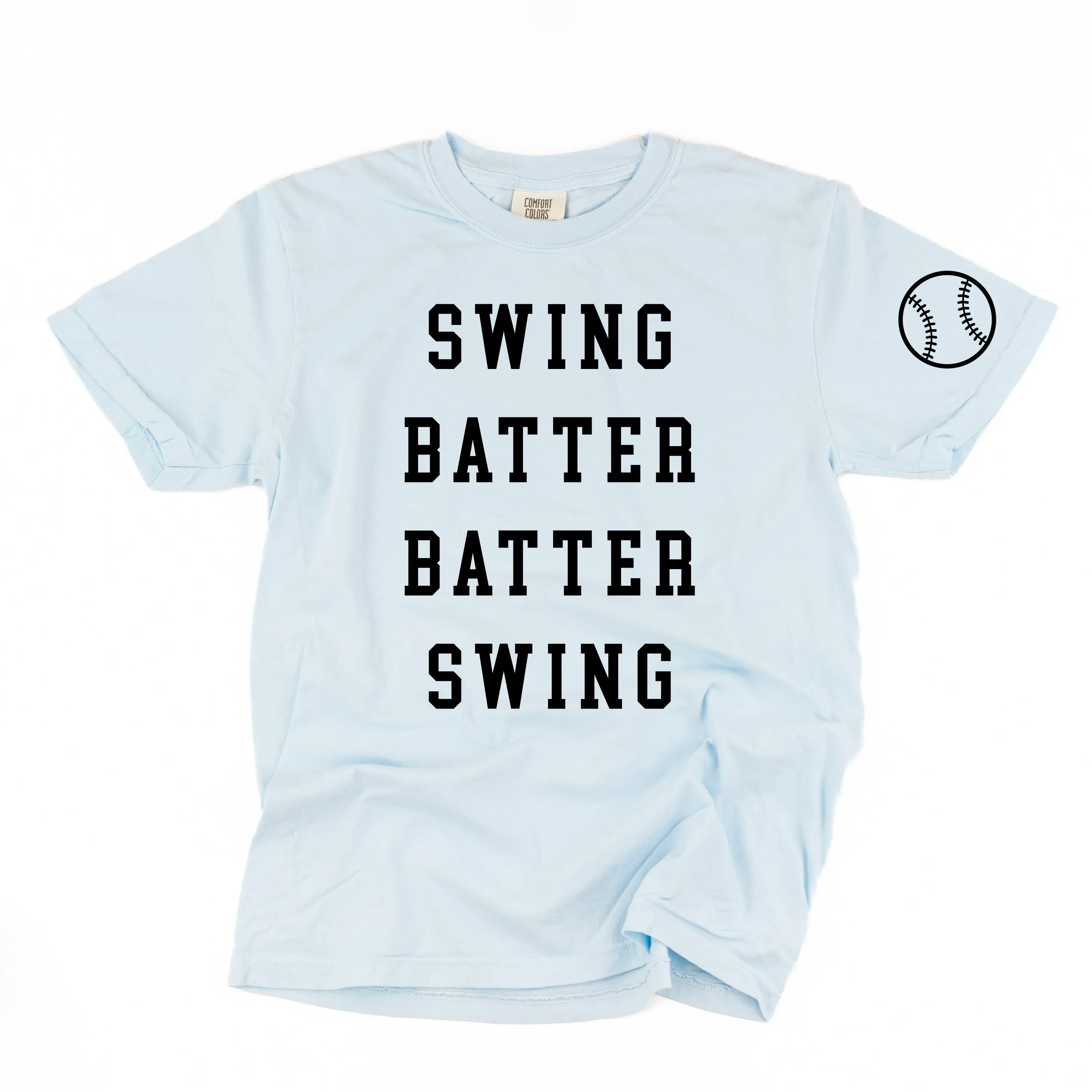 Swing Batter Batter Swing - Baseball Detail on Sleeve - SHORT SLEEVE COMFORT COLORS TEE