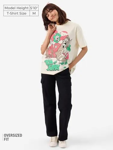 The Souled Store Official Tom and Jerry: Boom! Women and Girls Short Sleeve Round Neck Off-White Graphic Printed Cotton Oversized Fit T-Shirts Oversized T Shirts for Women T-Shirt Girls Cotton