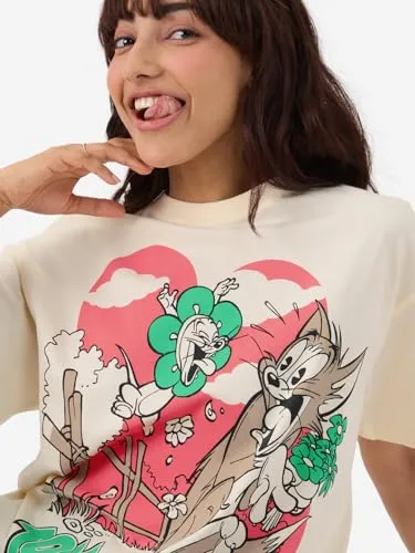 The Souled Store Official Tom and Jerry: Boom! Women and Girls Short Sleeve Round Neck Off-White Graphic Printed Cotton Oversized Fit T-Shirts Oversized T Shirts for Women T-Shirt Girls Cotton