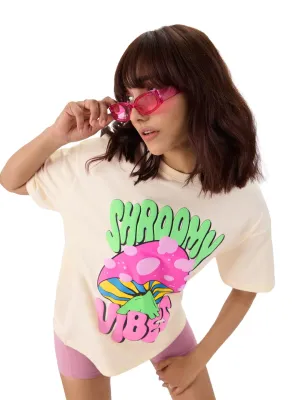 The Souled Store Shroomy Vibes Women and Girls Short Sleeve Round Neck Off-White Graphic Printed Cotton Oversized T-Shirts Graphic Printed Casual Half Sleeves Baggy Loose Fit Drop Shoulder Round