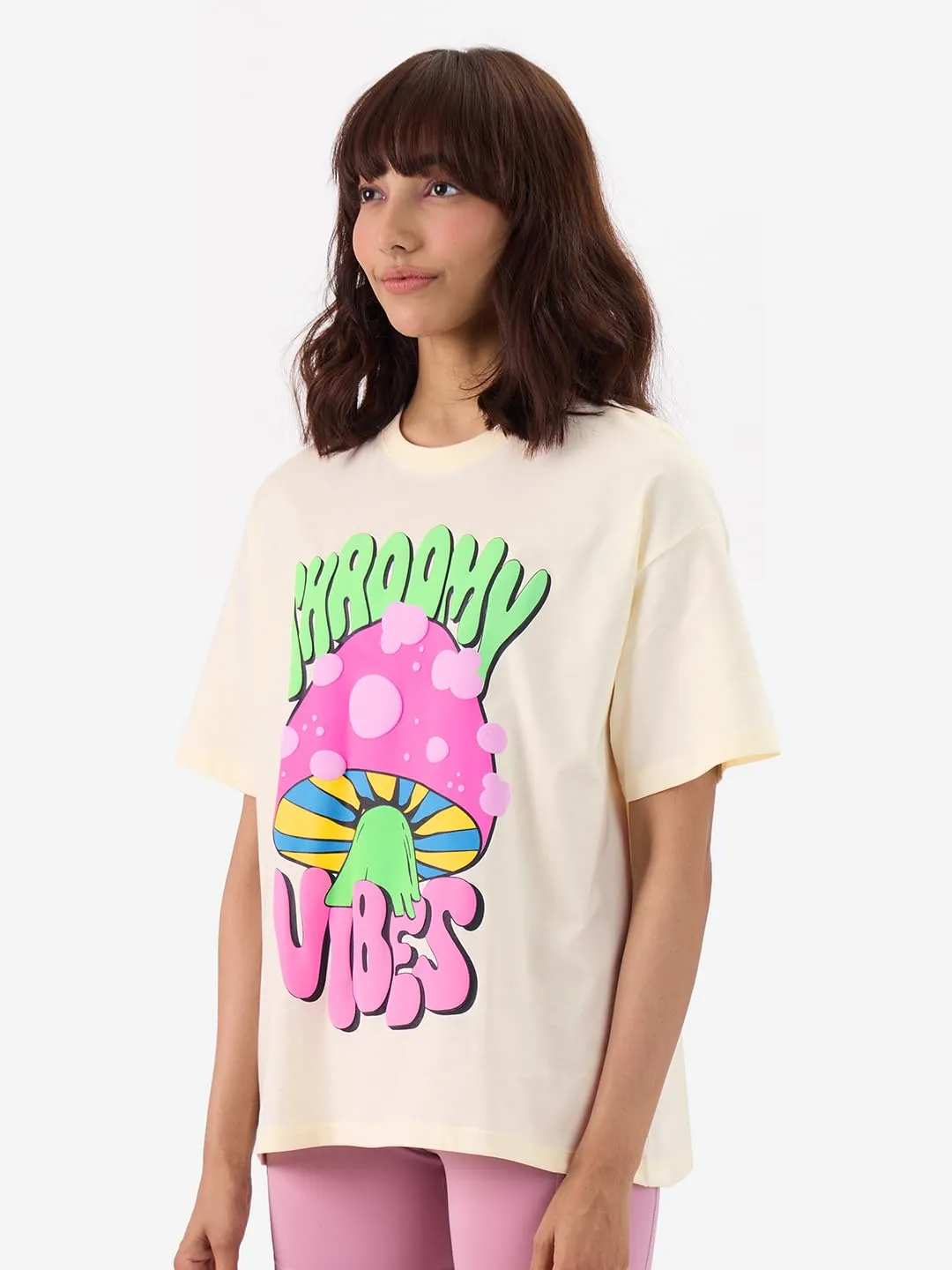 The Souled Store Shroomy Vibes Women and Girls Short Sleeve Round Neck Off-White Graphic Printed Cotton Oversized T-Shirts Graphic Printed Casual Half Sleeves Baggy Loose Fit Drop Shoulder Round