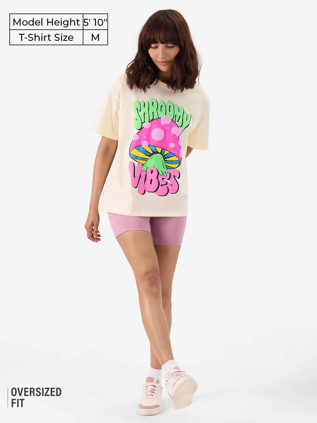 The Souled Store Shroomy Vibes Women and Girls Short Sleeve Round Neck Off-White Graphic Printed Cotton Oversized T-Shirts Graphic Printed Casual Half Sleeves Baggy Loose Fit Drop Shoulder Round