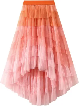 Tulle Maxi Skirts for Women Elastic High Waisted Flowy Swing A-Line Asymmetrical Tiered Pleated Long Skirt