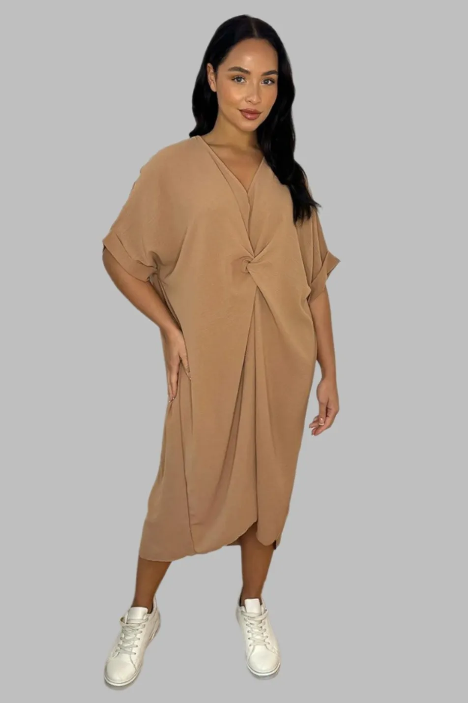 Twist Front Plunge Neckline Relaxed Fit Dress