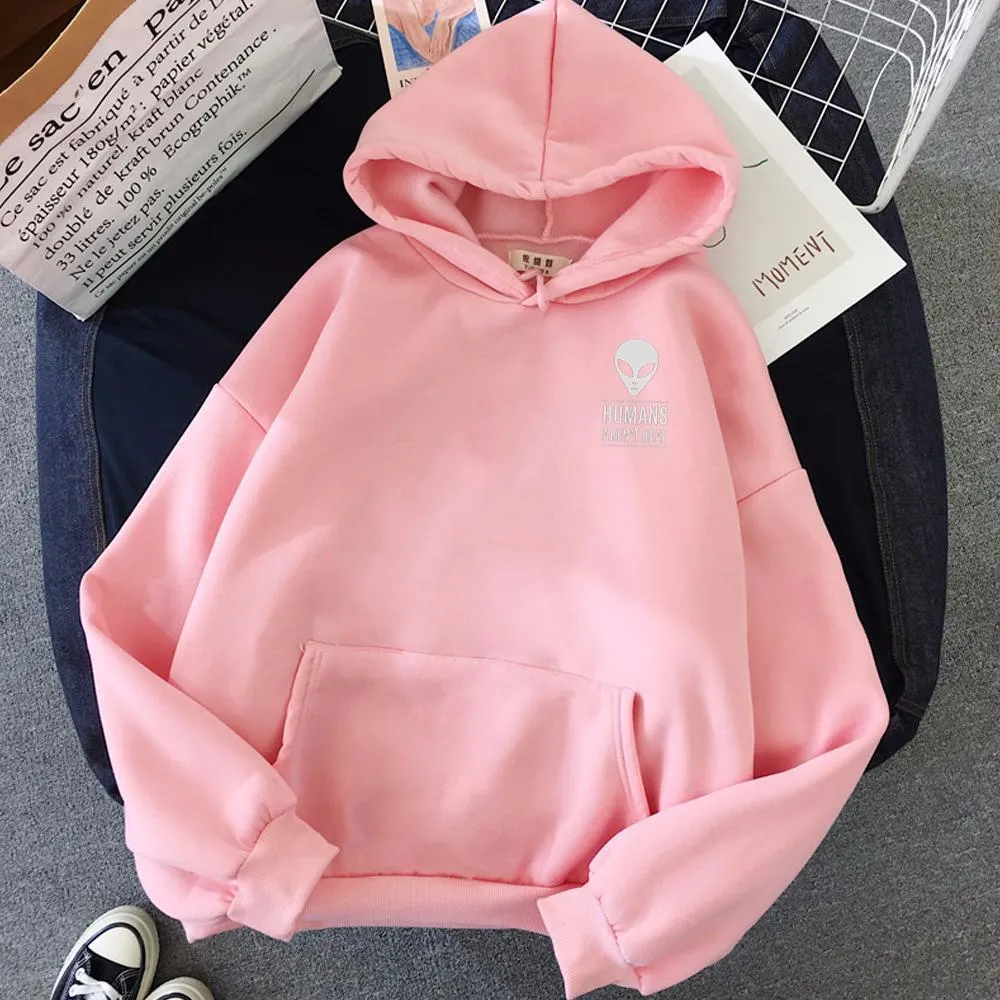 Winter Autumn Pullovers Alien Print Solid Hoodies Women Men Loose Long Sleeve Plus Size Hooded Sweatshirts