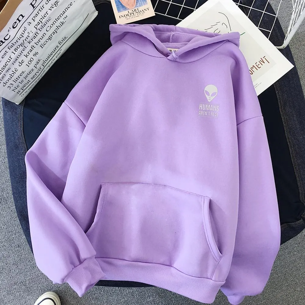 Winter Autumn Pullovers Alien Print Solid Hoodies Women Men Loose Long Sleeve Plus Size Hooded Sweatshirts