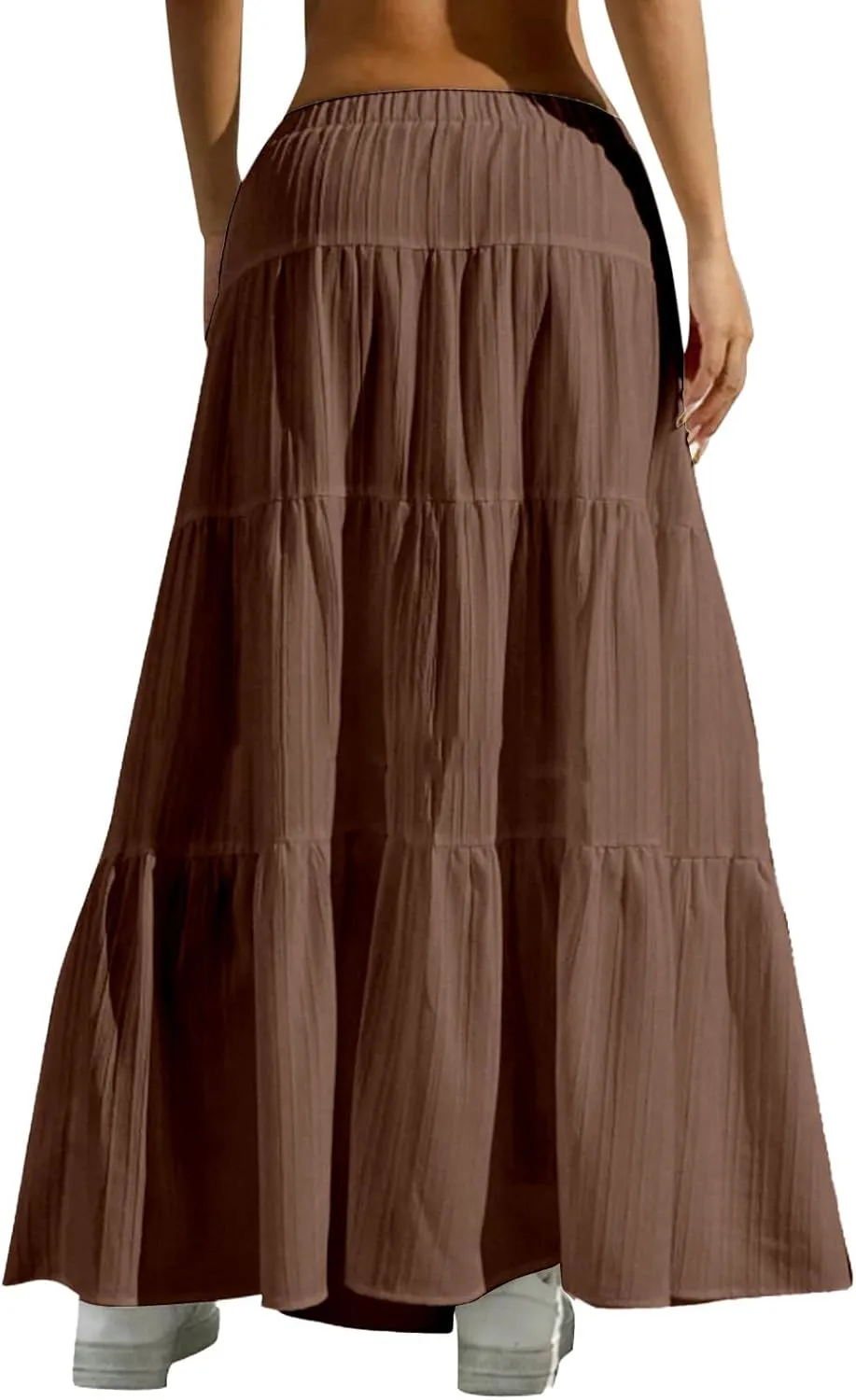 Women Flowy Maxi Skirt Elastic High Waist Pleated A-Line Skirts Tiered Swing Summer Vacation Beach Long Skirts