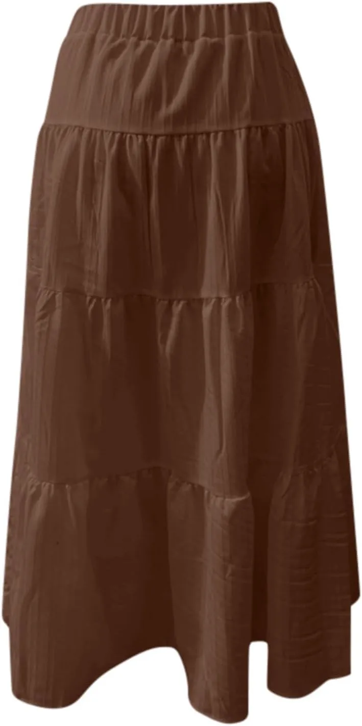 Women Flowy Maxi Skirt Elastic High Waist Pleated A-Line Skirts Tiered Swing Summer Vacation Beach Long Skirts