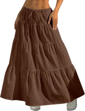 Women Flowy Maxi Skirt Elastic High Waist Pleated A-Line Skirts Tiered Swing Summer Vacation Beach Long Skirts