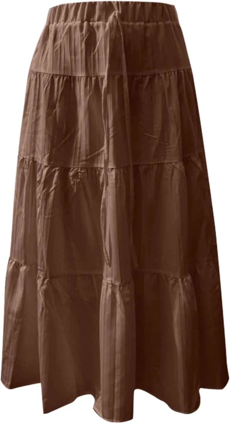Women Flowy Maxi Skirt Elastic High Waist Pleated A-Line Skirts Tiered Swing Summer Vacation Beach Long Skirts