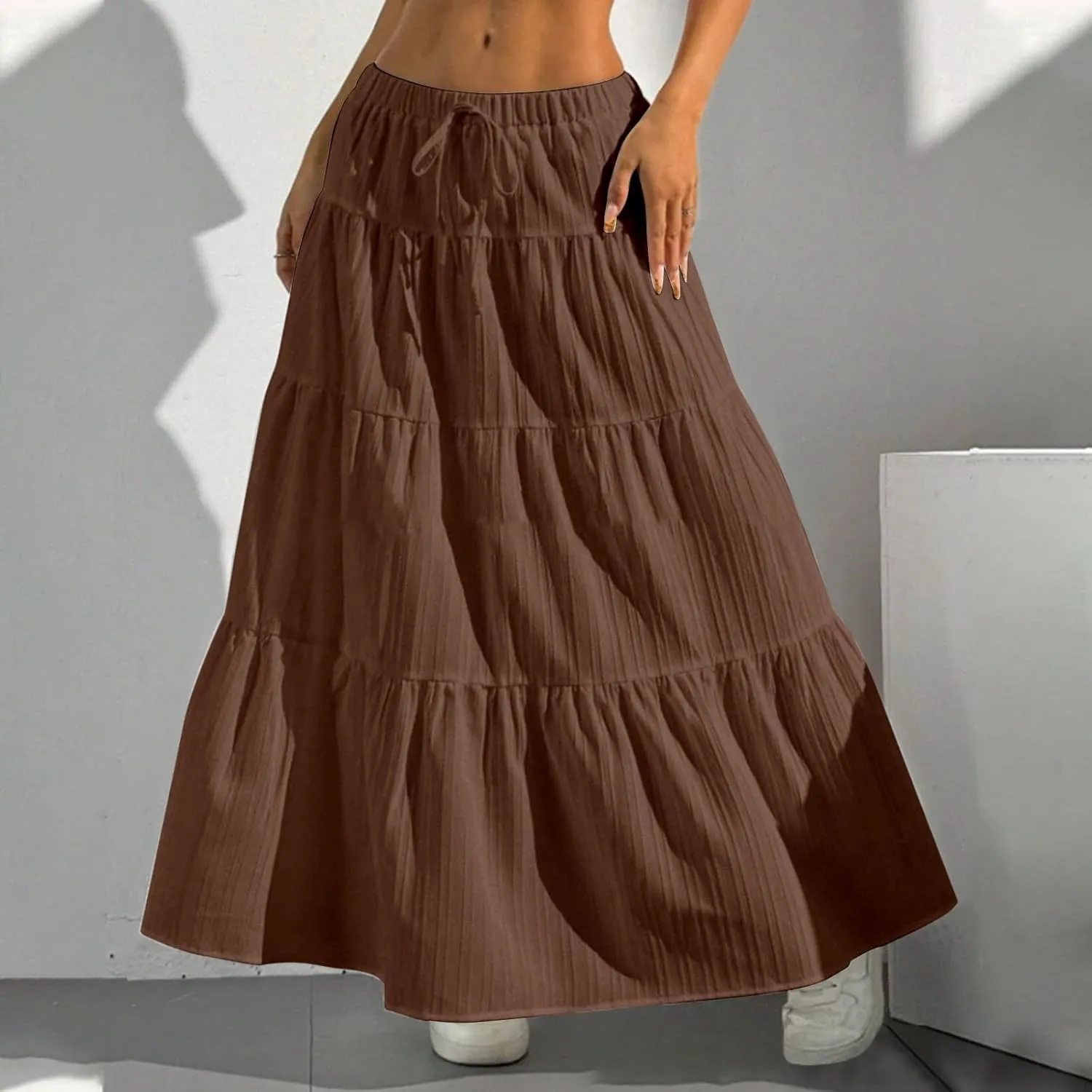 Women Flowy Maxi Skirt Elastic High Waist Pleated A-Line Skirts Tiered Swing Summer Vacation Beach Long Skirts