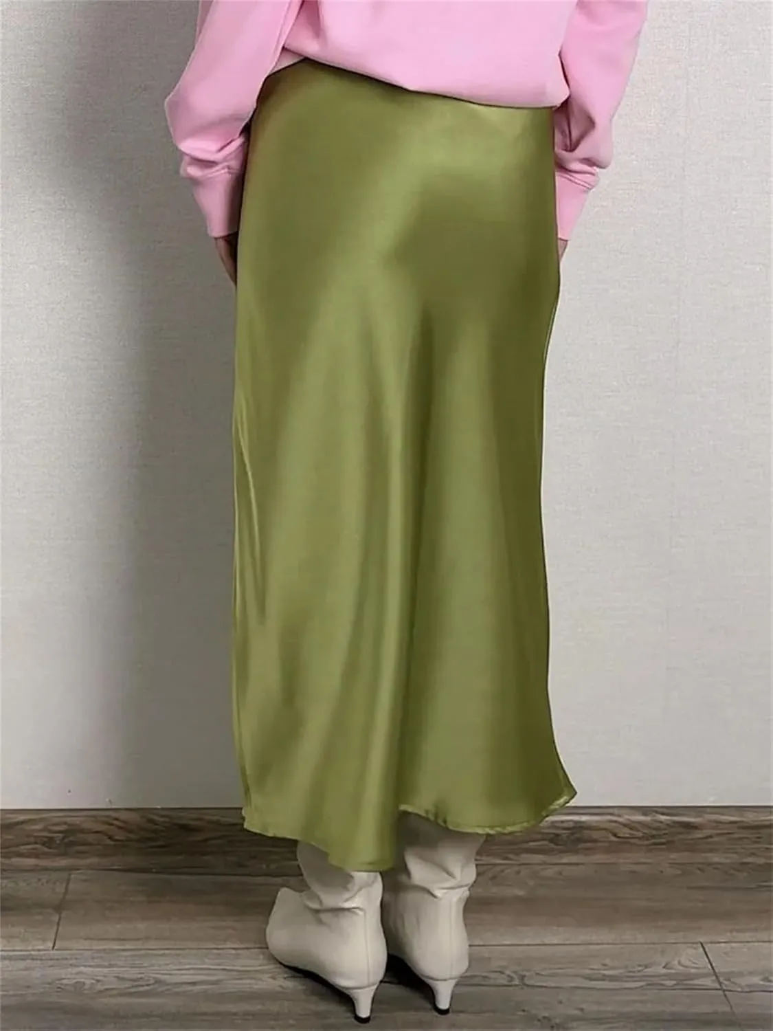 Women Satin Slit Skirts Midi A Line Skirts Formal Office Women's Midi Skirts
